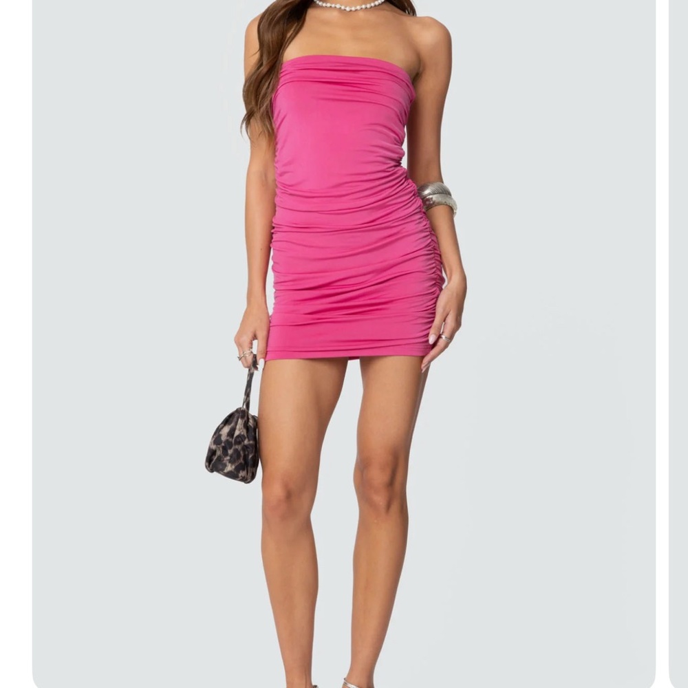 Swipe for real images: Pink Strapless Gathered Bodycon Dress for Night Out